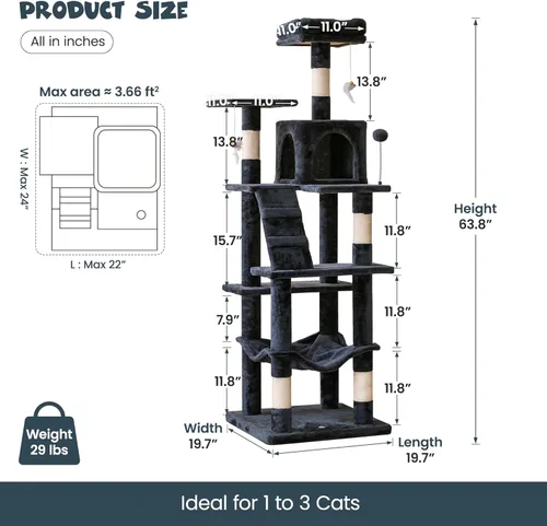 Miniatura 6 de MWPO Árbol para gatos de varios niveles de 63.8 pulgadas para gatos grandes con postes rascadores cubiertos de sisal, plataforma acolchada, hamaca