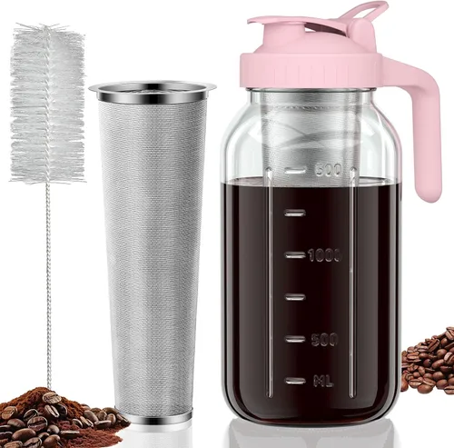 JunVpic Tarro para cafetera fría – Tapa multiusos de vidrio grueso de 64 onzas con asa y filtro de acero inoxidable para café helado, limonada, té