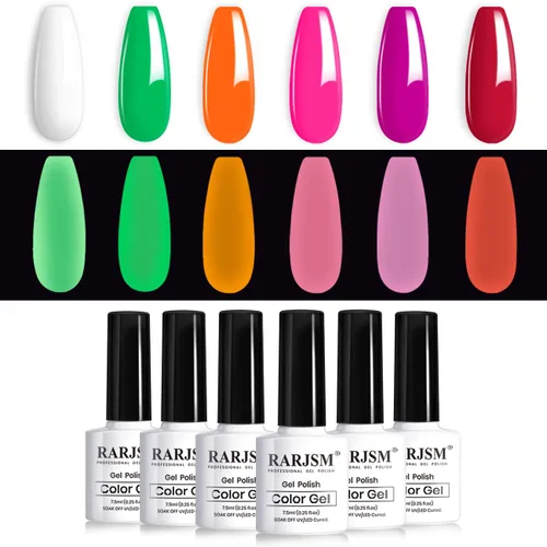 RARJSM Juego de 6 esmaltes de uñas de gel que brillan en la oscuridad, color verde fluorescente, naranja, rosa intenso, morado, rojo, efecto de