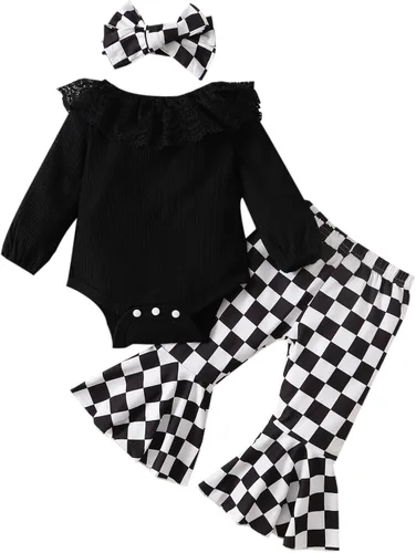 Conjunto de ropa para bebé recién nacida para bebé malla de margarita retazos manga abombada pantalones acampanados diadema