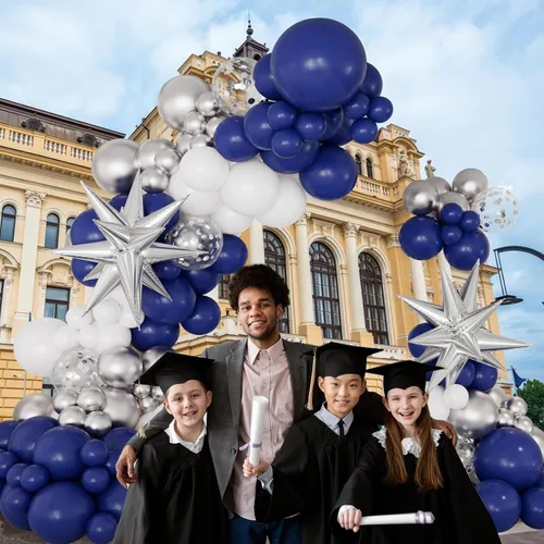 Miniatura 2 de Kit de arco de guirnalda de globos de color azul marino y plateado, 146 globos de color azul rey metálico plateado y blanco con globos plateados