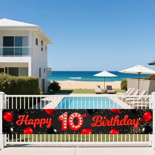 Miniatura 6 de Cartel de feliz cumpleaños número 10 color rojo y negro, globos para decoración temática para patio, jardín, niñas, mujeres, princesas, decoraciones