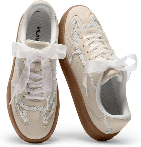 Miniatura 9 de Vilanva Zapatillas de moda con detalle de encaje para mujer, zapatillas casuales cómodas de vestir con suela de goma retro, calzado de moda