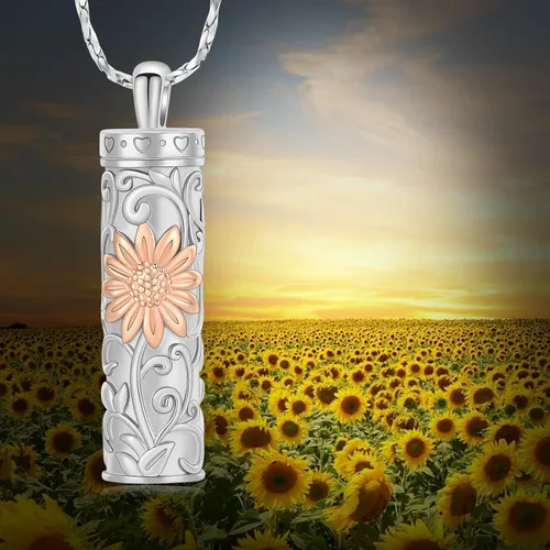 Miniatura 67 de Collar de urna de girasol para cenizas, collar de barra cilíndrica para cenizas para mujer, colgante de recuerdo para cenizas, joyería de cremación