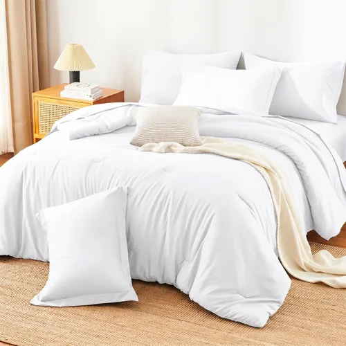 Miniatura 9 de Juego de edredón blanco queen, 7 piezas cama en una bolsa, juego ligero de ropa de cama queen, juego de 7 piezas para todas las estaciones, suave