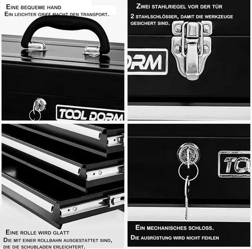 Miniatura 4 de Caja de herramientas de metal de 20.3 pulgadas con cajones, caja de herramientas de acero portátil con forro protector y cierre de pestillo y Negro