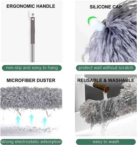 Miniatura 6 de Plumero de microfibra curvada retráctil lavable, plumero de microfibra con poste de extensión, plumero de plumas de microfibra, reutilizable