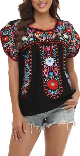 Miniatura 4 de YZXDORWJ Blusa de verano para mujer, estilo bohemio, estilo mexicano, con bordado, estilo bohemio