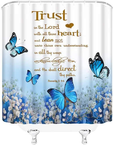 Miniatura 3 de GCTNBJL Cortina de ducha con cita inspiradora, diseño de mariposa y flores azules y verde azulado con texto en inglés "Trust in the Lord