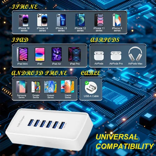 Miniatura 4 de Cargador rápido USB, estación de carga portátil de 6 puertos, adecuado para varios dispositivos, compatible con iPhone, iPad, Samsung, Google