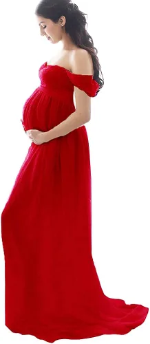Fuera del hombro de la colmena de la manga del cordón vestido de maternidad de la ducha del bebé maxi fotografía traje largo piso longitud vestido