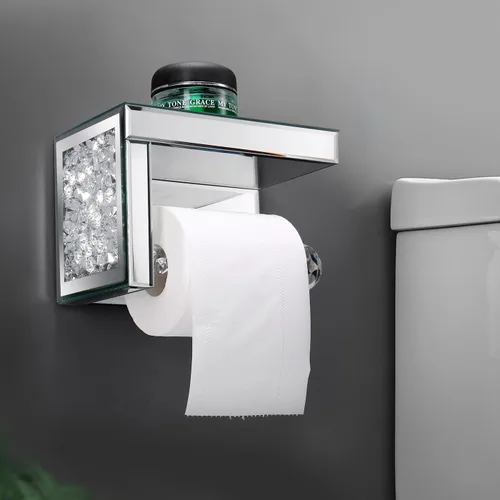 Miniatura 6 de TACIDON Soporte de papel higiénico de diamante Crystal Crush con estante espejado. Soporte moderno de papel higiénico de plata montado en la pared