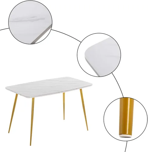Miniatura 5 de Mesa de comedor rectangular de oro blanco, moderna y elegante, con patas de metal dorado para 4 a 6 personas, mesa de trabajo simple para oficina