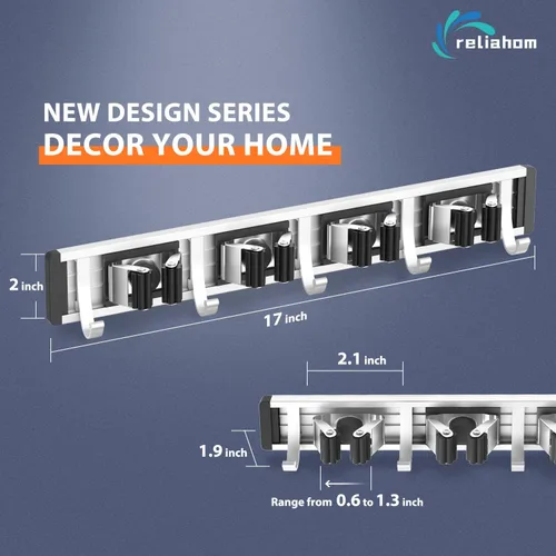 Miniatura 6 de reliahom Soporte de Pared para Escobas y Fregonas Soporte Montado en Pared para Garaje Organizador de Almacenamiento para Cocina y Jardín Negro