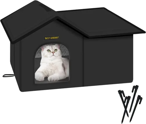 Miniatura 11 de Rest-Eazzzy Casa para gatos al aire libre, resistente a la intemperie y aislada, con alfombrilla y toldo, fácil de poner, refugio para gatos