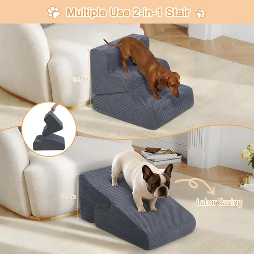 Miniatura 2 de Rampa para perros para cama, escaleras para perros de 16.5 pulgadas de alto para cama alta, escalones para mascotas 2 en 1 para perros pequeños, Gris