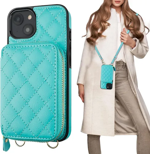 Miniatura 12 de Bocasal Funda tipo cartera cruzada para iPhone 14 Plus, bloqueo RFID, de piel sintética, con cremallera, funda tipo cartera con función atril y Negro