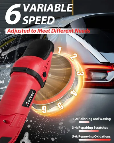Miniatura 3 de AVID POWER Pulidora para Automóvil, 6 Velocidades Variables 1000-3500 RPM, Kit de Pulidora Rotatoria con Placa de Respaldo de 6 y 7 Pulgadas, Rojo