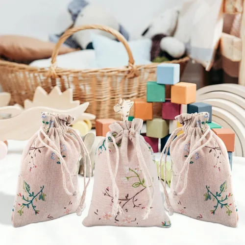 Miniatura 8 de KISSITTY 50 bolsas de almacenamiento de algodón de poliéster con encaje antiguo, bolsas de embalaje con cordón con ramas de hojas impresas