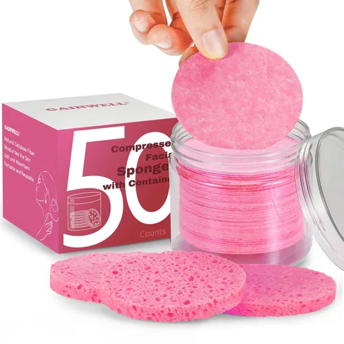 GAINWELL 50 esponjas faciales comprimidas con recipiente de almacenamiento, para limpieza facial, removedor de maquillaje reutilizable, portátil,