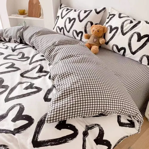 Miniatura 3 de Houseri - Juego de edredón con estampado de corazones, tamaño individual, juego de ropa de cama de algodón de color blanco y negro, para niños