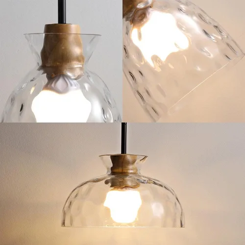 Miniatura 3 de Modern Kitchen Island Pendant Lights, Handblown Clear Glass Shade Hanging Pendant Lamp with Wood Finish, 59in Adjustable Cord Chandelier for Bedroom