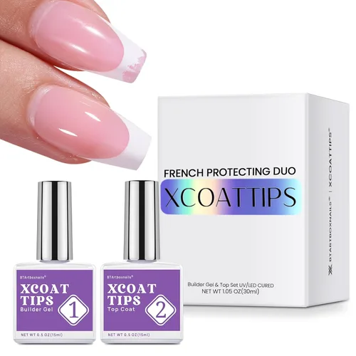 Miniatura 17 de BTArtboxnails XCOATTIPS - Uñas a presión, puntas cortas de almendra con gel de uñas, dúo protector francés, lámpara de uñas, gel suave todo en uno