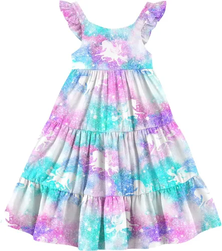 Miniatura 9 de Vieille Vestido de verano para niñas pequeñas, con volantes, sin mangas, casual, vestido de playa, escalonado, vestido de princesa para 2-8 años