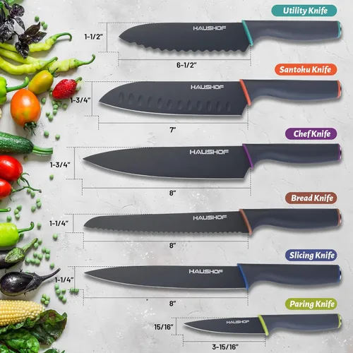 Miniatura 2 de HAUSHOF Juego de cuchillos de cocina, juego de cuchillos de 12 piezas con 6 fundas de colores, cuchillas de acero inoxidable con revestimiento