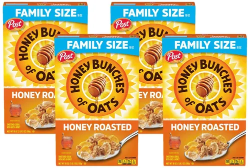 Honey Bunches of Oats Cereal de desayuno tostado con miel, cereales de avena con miel con racimos de granola, caja de 18 onzas (paquete de 4)