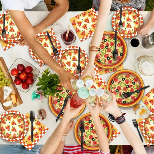 Miniatura 7 de Platos de pizza y servilletas para 50 invitados, suministros para fiestas, decoraciones de fiesta de cumpleaños, juego de vajilla desechable