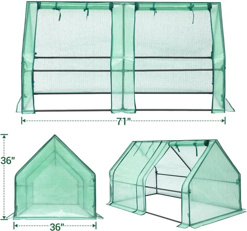 Miniatura 5 de Ohuhu Mini invernadero portátil, invernaderos de 71 x 36 x 36 pulgadas para exteriores con puertas dobles grandes con cremallera y estacas de Verde