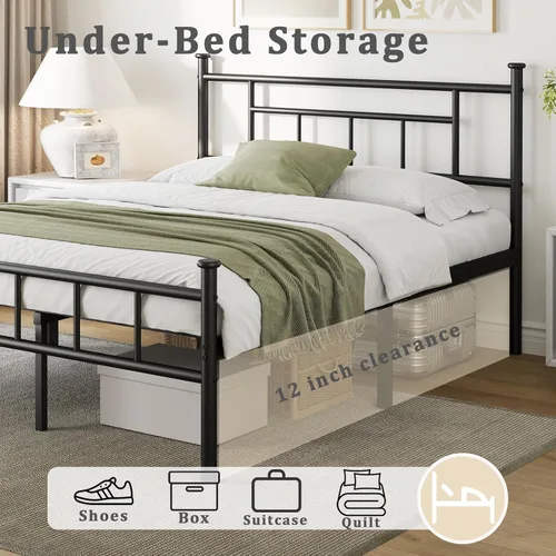Miniatura 4 de Base de cama Queen que no necesita somier, con cabecero y estribo, soporte de listones de acero resistente, 14 pulgadas de altura, fácil montaje