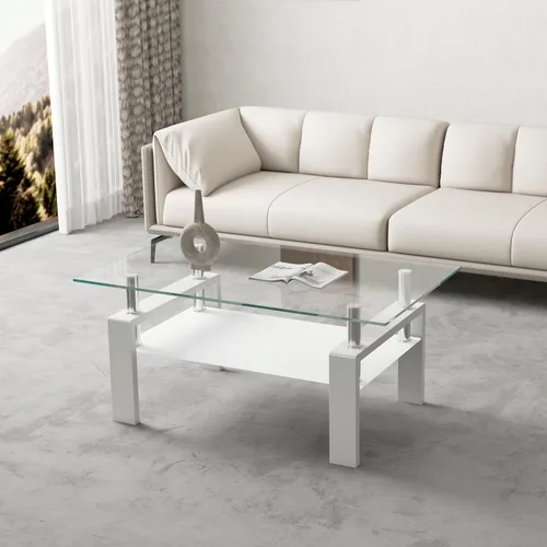 Miniatura 6 de Mesa de café de cristal para sala de estar, mesa de café moderna con tapa de vidrio templado transparente y patas de metal blanco, mesa de té