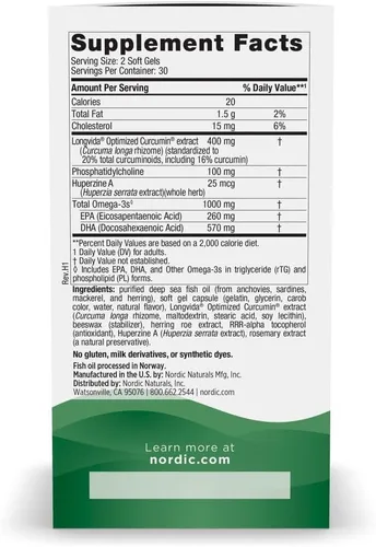Miniatura 2 de Nordic Naturals Memoria Omega con curcumina, limón, 60 geles blandos, 1000 mg de omega-3 + 400 mg de curcumina optimizada, memoria, cognición