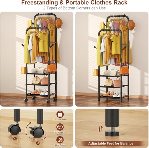 Miniatura 8 de Furologee - Percheros enrollables para colgar ropa, con dobles varillas, con ruedas, perchereros resistentes, perchero metálico portátil