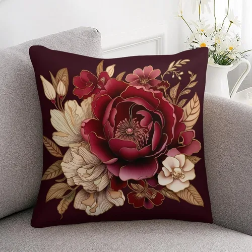 Miniatura 7 de Fundas de cojín de satén elegantes, decorativas florales burdeos, suaves y lujosas, elegantes fundas de almohada de terciopelo floral para sofá