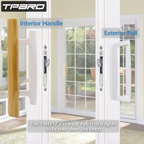 Miniatura 5 de Juego de reemplazo de manija de puerta corredera de patio de vidrio con manijas interiores de madera de roble y tirador exterior de zinc fundido a