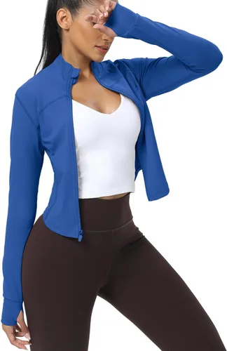 Miniatura 102 de AVGO Chaquetas de entrenamiento recortadas para mujer, con cremallera, ajustadas, atléticas, con agujeros para el pulgar