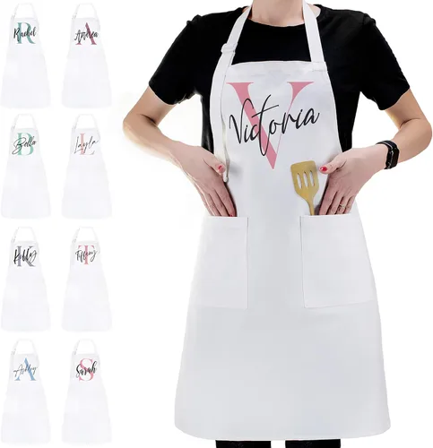 Delantal con nombre inicial personalizado, regalos de cocina para mujeres y hombres, diseño inicial personalizado, para cocinar, barbacoa, parrilla,