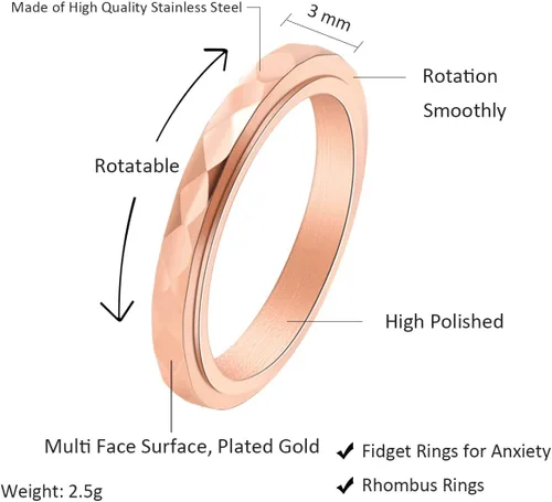 Miniatura 2 de Nanafast Anillos de ansiedad de acero de titanio de 0.118 pulgadas para mujeres y hombres, anillos multifacéticos para ansiedad, anillos giratorios