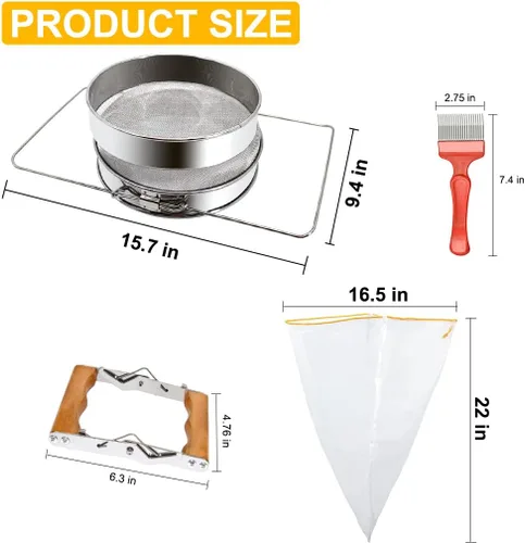 Miniatura 6 de MayBee Kit de cosecha de miel de doble tamiz para apicultores, kit de inicio de apicultura, juego de 5, colador de miel de doble tamiz de acero