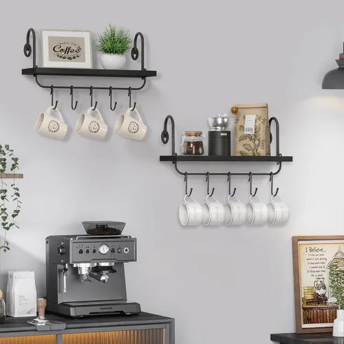 Miniatura 2 de Olakee Estantes flotantes de pared para cocina, baño, rincón de café con 10 ganchos ajustables para tazas, utensilios de cocina o toallas, estantes