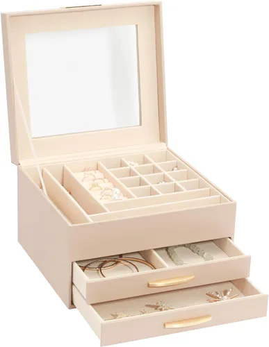 Caja organizadora de joyas, organizador de joyas de 3 capas con 2 cajones, cajas de joyería para exhibir aretes, collar, reloj, pulsera y anillos,