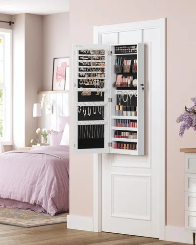 Miniatura 40 de SONGMICS Gabinete colgante de joyería, gabinete de pared con luces interiores LED, organizador de joyas montado en la puerta, espejo de cuerpo Blanco