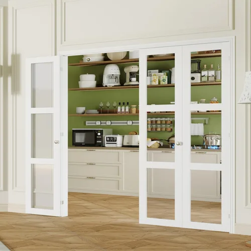 Miniatura 9 de Puerta plegable de 180 grados, para aberturas de 30 ″ x 80 ″, puerta plegable esmerilada blanca 3-Lite con bisagras, juego de herrajes para puertas