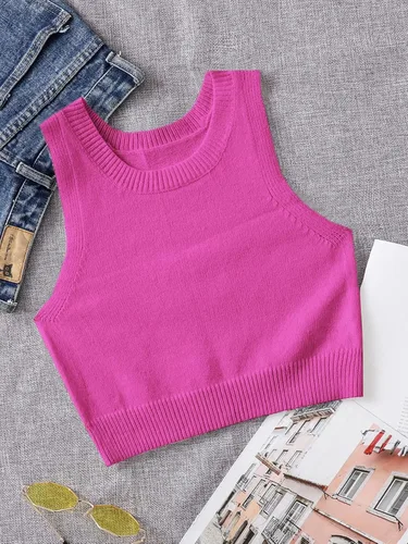 Miniatura 5 de SOLY HUX Suéter de punto acanalado para mujer, sin mangas, cuello redondo, camiseta corta sin mangas