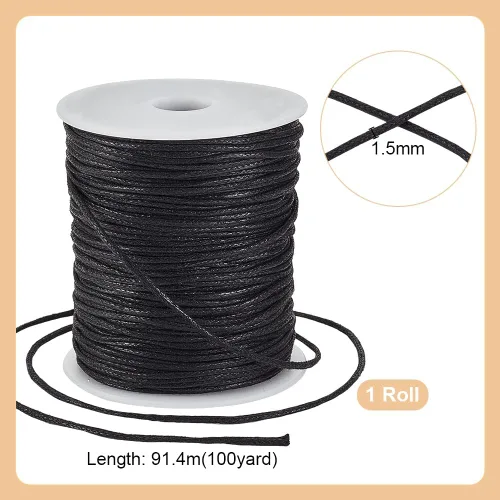 Miniatura 2 de PH PandaHall Cordón de algodón encerado de 100 yardas de 0.059 pulgadas (0.059 in), hilo encerado negro, cuerda de cuentas para pulseras, collares