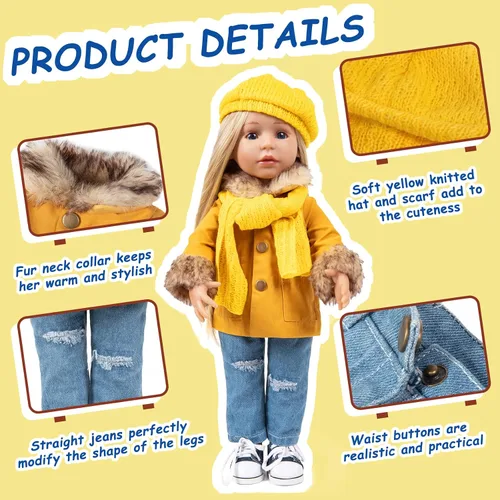 Miniatura 2 de Rakki Dolli Conjunto de Ropa para Muñeca de 18 Pulgadas de 5 Piezas, Conjunto de Abrigo de Invierno Color Mostaza de Moda, Incluye Abrigo Abrigado