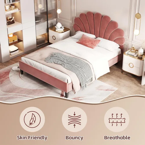Miniatura 3 de DEINPPA Base de cama tapizada tamaño matrimonial con cabecera ajustable de flores elegantes, cama de plataforma de terciopelo con soporte